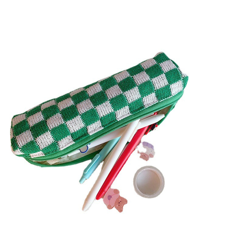 Wholesale Checkerboard Knitted Large Capacity Wool Pencil Bag